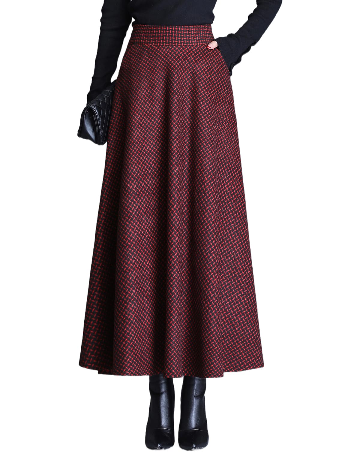 Womens Fall Winter Wool Plaid Long Skirt High Waisted A-line Pleated Swing Maxi Skirts(L,Red Wine)