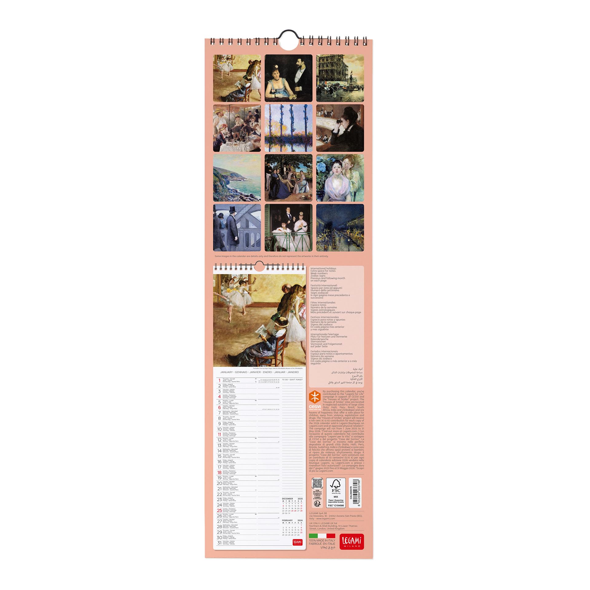 Calendrier Mural 2026 Paris - 18x18 Cm, 12 Mois + Planificateur Annuel, 6 Langues, Jours Fériés, Signes Du Zodiaque - Papier FSC, Fabriqué En Italie