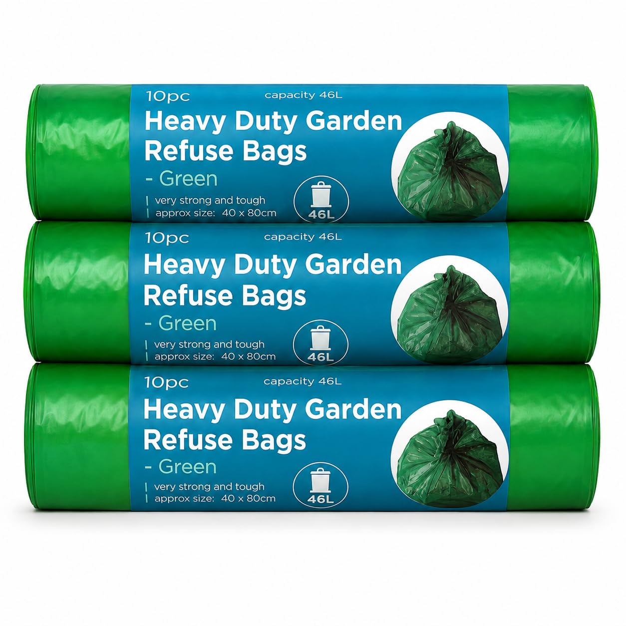 30 Heavy Duty Garden Refuse Bags 46L – 3 Pack of 10 Strong Green Rubbish Sacks, 40 x 80cm Tough Garden Waste Bags for Grass Cuttings, Leaves, Hedge Trimmings & Outdoor Waste