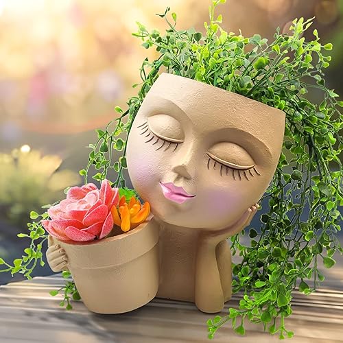 Macetas de cara con cabeza, macetas dobles para suculentas, maceta con orificio de drenaje para plantas de interior y exterior, macetas únicas de