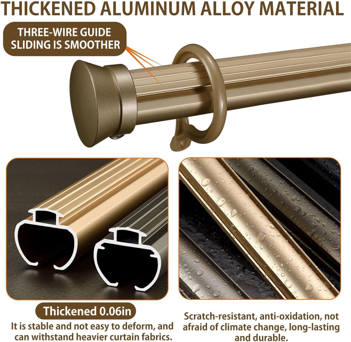 Tringle à rideaux romaine, rail double fixation murale, silencieux robuste en aluminium, système de coulissant for avec roulettes silencieuses(Gold,2.4m(7.9ft))