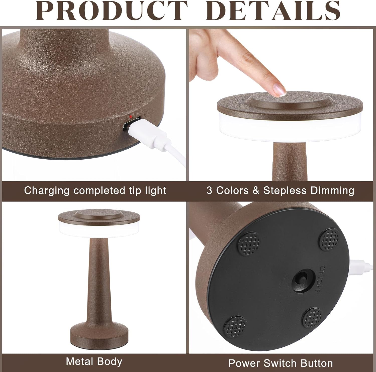 Riakrum 2 Pcs LED Portable Cordless Table Lamp with Touch Sensor 3 Color Stepless Dimming Rechargeable Battery up to 15 Hours Cordless Table Light Wireless Lamp for Nursery (Brown)