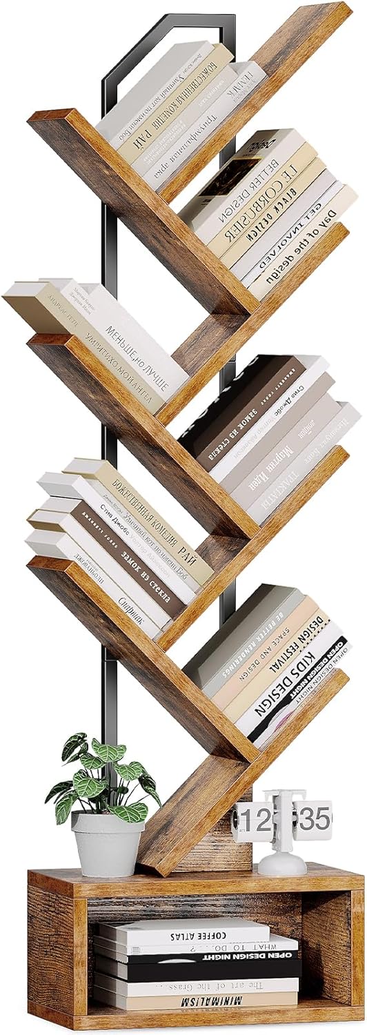 Casaottima 6-Tier Tree Bookshelf for Corner & Small Space — Narrow Steel & Wood Bookcase, Tall Floor Standing Book Organizer Shelf with Storage Cabinet, Home Decor for Living Room, Bedroom, Vintage