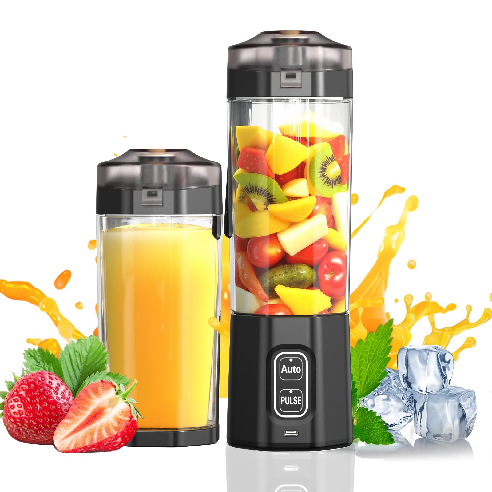 Photo 1 of Portable Blender, 360 Watt Personal Blenders with Pulse Mode, Shakes and Smoothies, 6000mAh, BPA Free 24 Oz Blender Cup with 6 Blades and Lid, USB-C, Self Cleaning Portable Juicer For Travel, Black