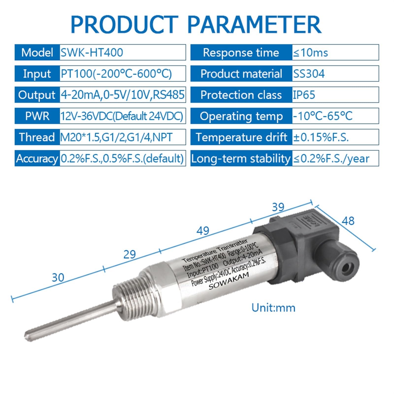 Sensor de Temperatura RTD de Platino PT100 Módulo Sonda de Temperatura RTD enchufable Salida de 4-20 mA 24 VCC Temperatura Hussman(0-50C M20-1.5,150mm)