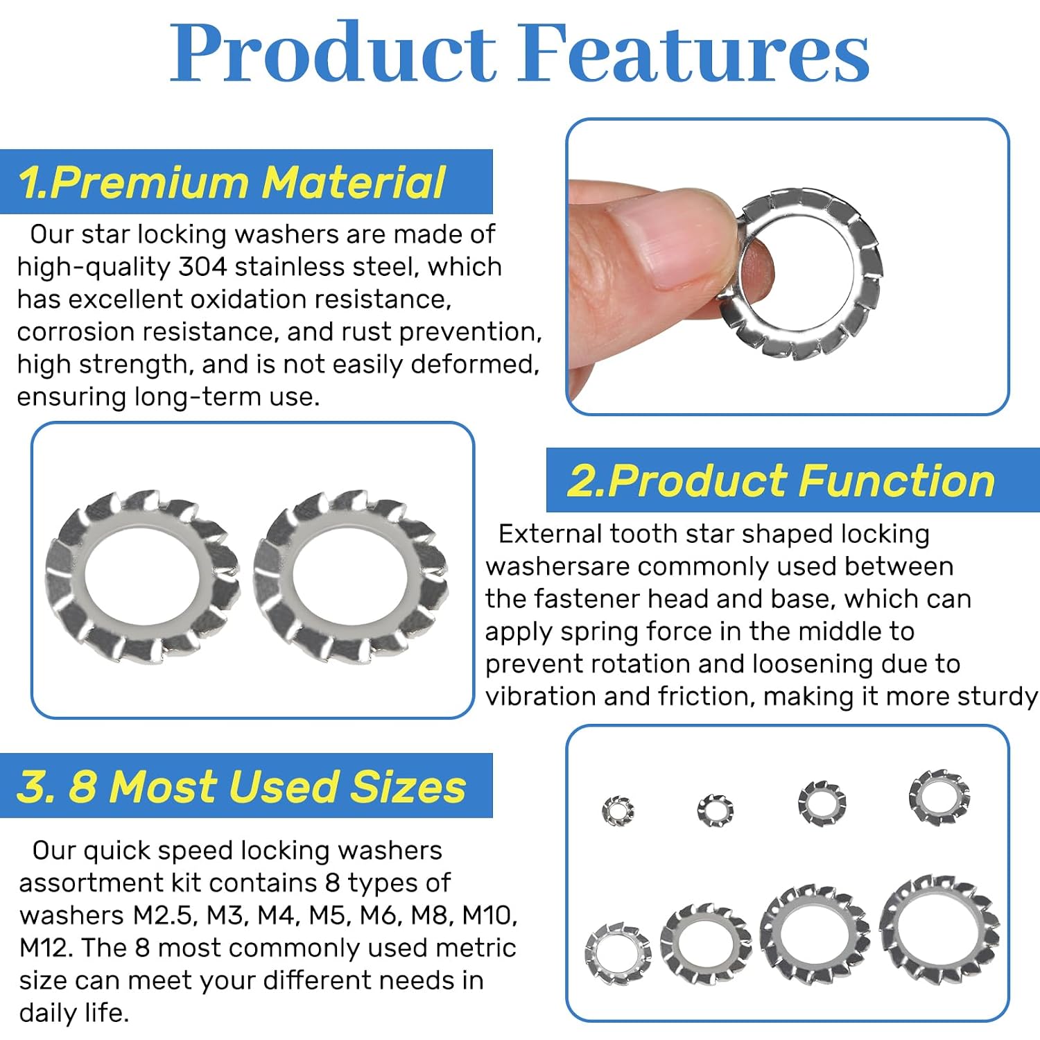 570Pcs External Tooth Lock Washer Set,8 Size Metric Star Washers (M2.5-M12)