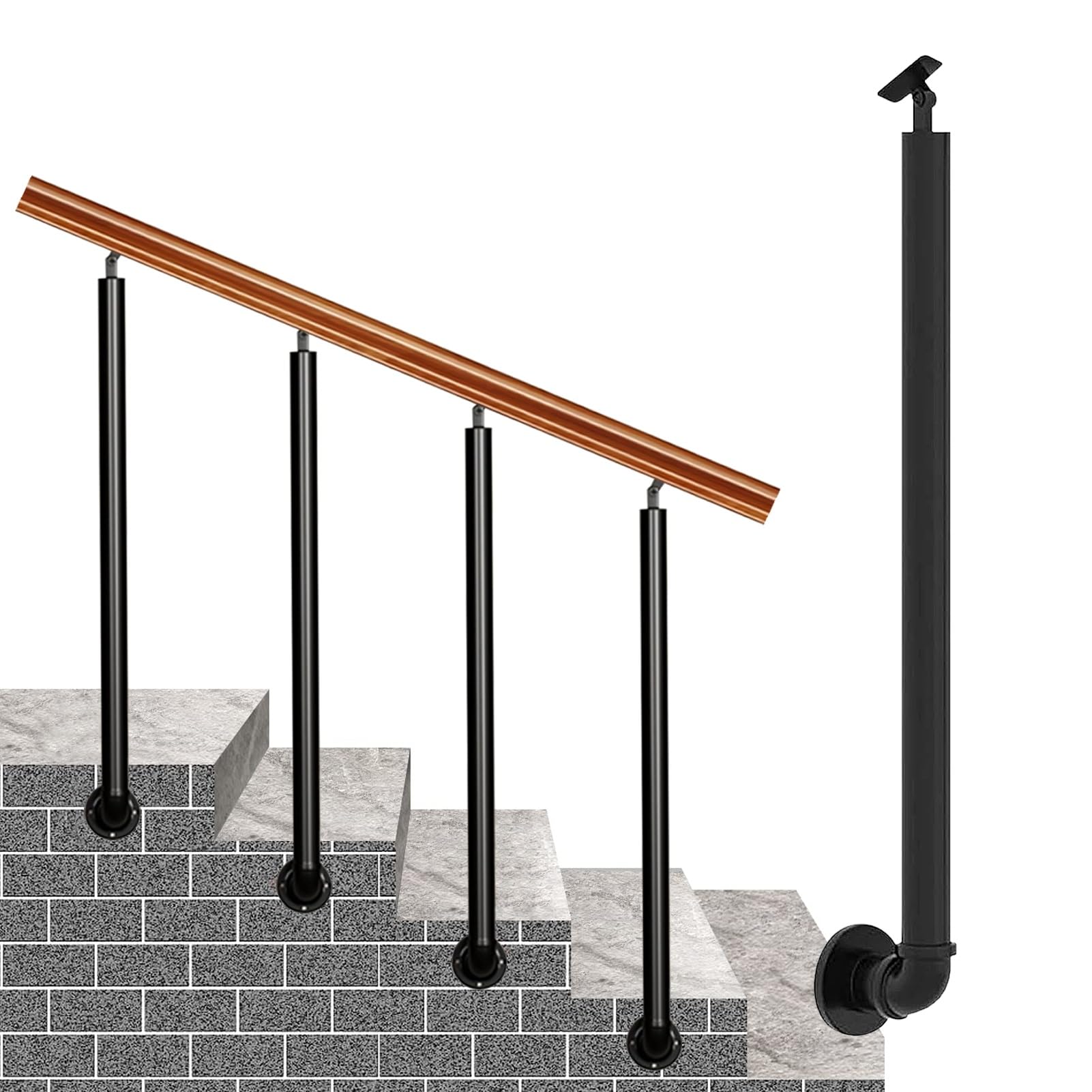 Hand Rails for Outdoor Steps, Adjustable Side Mount Stair Handrail Black Metal Wrought Iron Railing Posts with Fittings Exterior Hand Railing Safety Balusters Columns(85cm(33.5in))