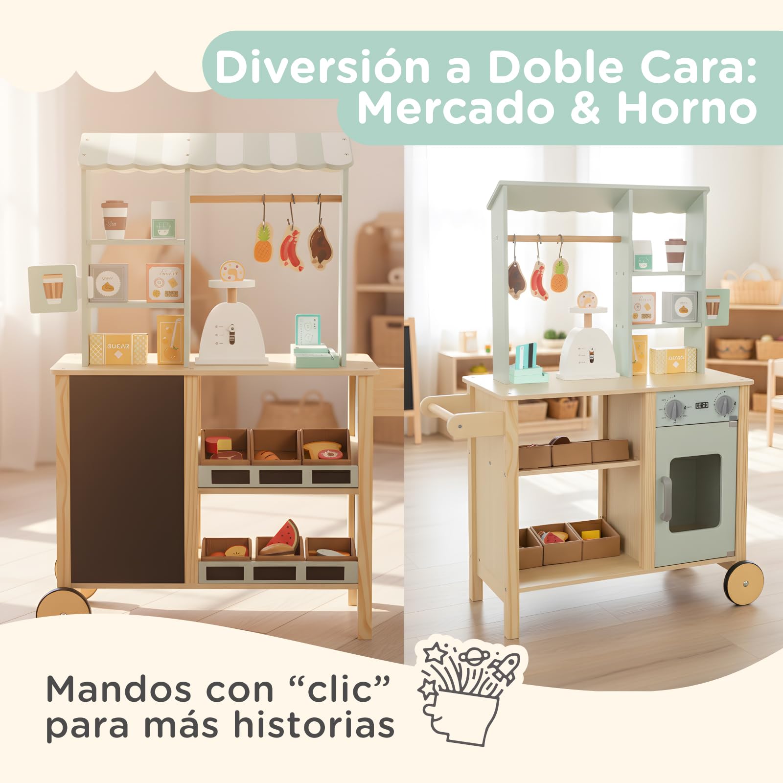 Nene Toys Tienda de Supermercado de Madera – Puesto de Mercado Todo‑en‑Uno con Caja Registradora, Balanza, Pizarra, Barra Colgante, Asa & Ruedas – Lado Reversible con Horno – Regalo Niños 3–7 Años