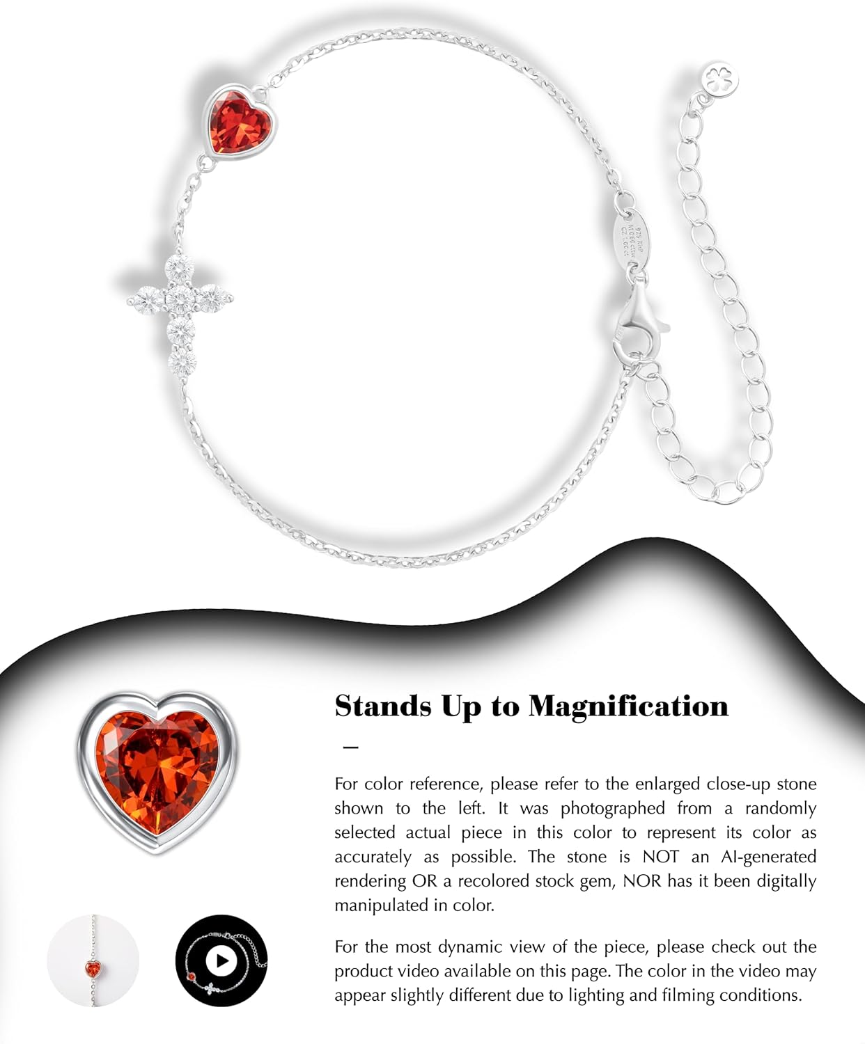 ÀIMBRACE Birthstone Bracelets for Women - Cross Bracelet with Moissanite Cross and Heart Birthstone Charm, 925 Sterling Silver, Birthday Gift for Mom Wife Girlfriend Daughter, Rhodium-Plated Jewelry