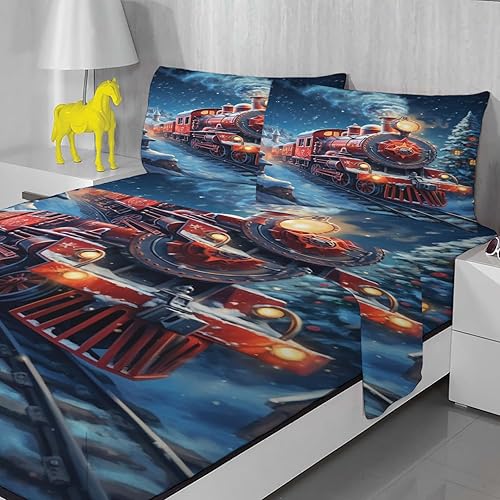 Miniatura 2 de zcsm Train Sheets Queen Size - Christmas Bedding Sheets & Pillowcases - 100% Microfiber, High Thread Count Print, Flat Sheet & Deep Pocket Fitted
