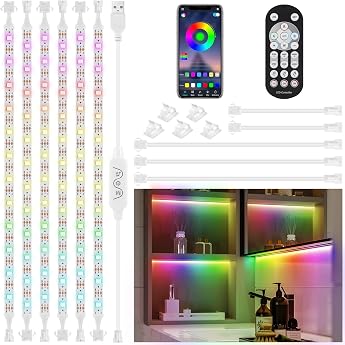 Under Cabinet Lights 3M 6 Pack LED Strip Lights with Remote Control Music Synchronous Color Changing LED Lights with App Control 5V USB Dream Color LED Lights for Cabinets Showcases [Energy Class E]