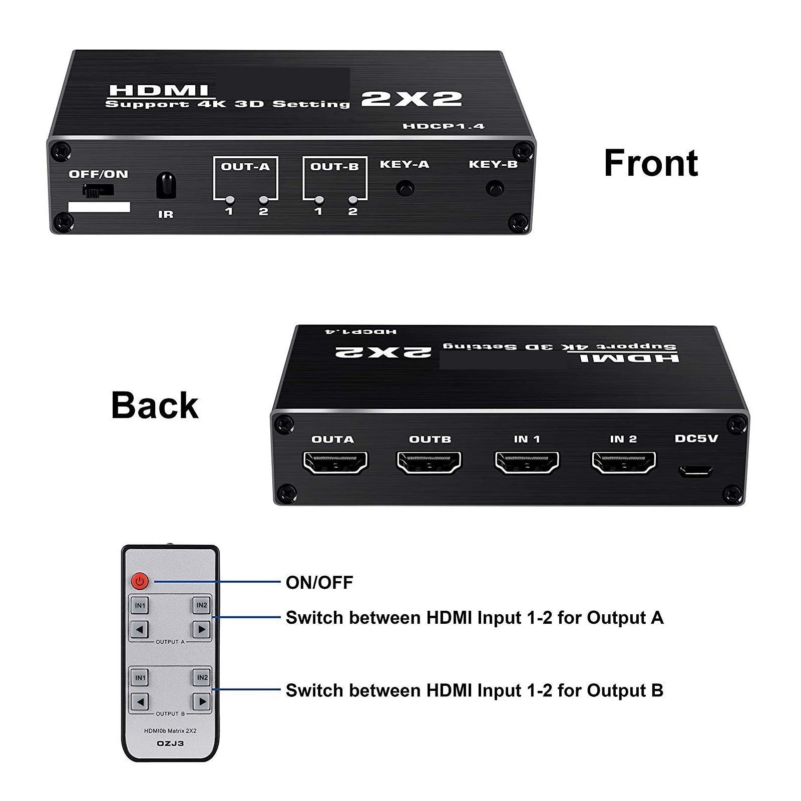 HDMI-Switch-Splitter, 4K HDMI Switcher Matrix 2x2 HDMI Matrix 2 In 2 Out HDMI Switch Splitter Konverter Matrix 4K 30Hz HDCP1.4 mit IR Fernbedienung Einfach einzurichten
