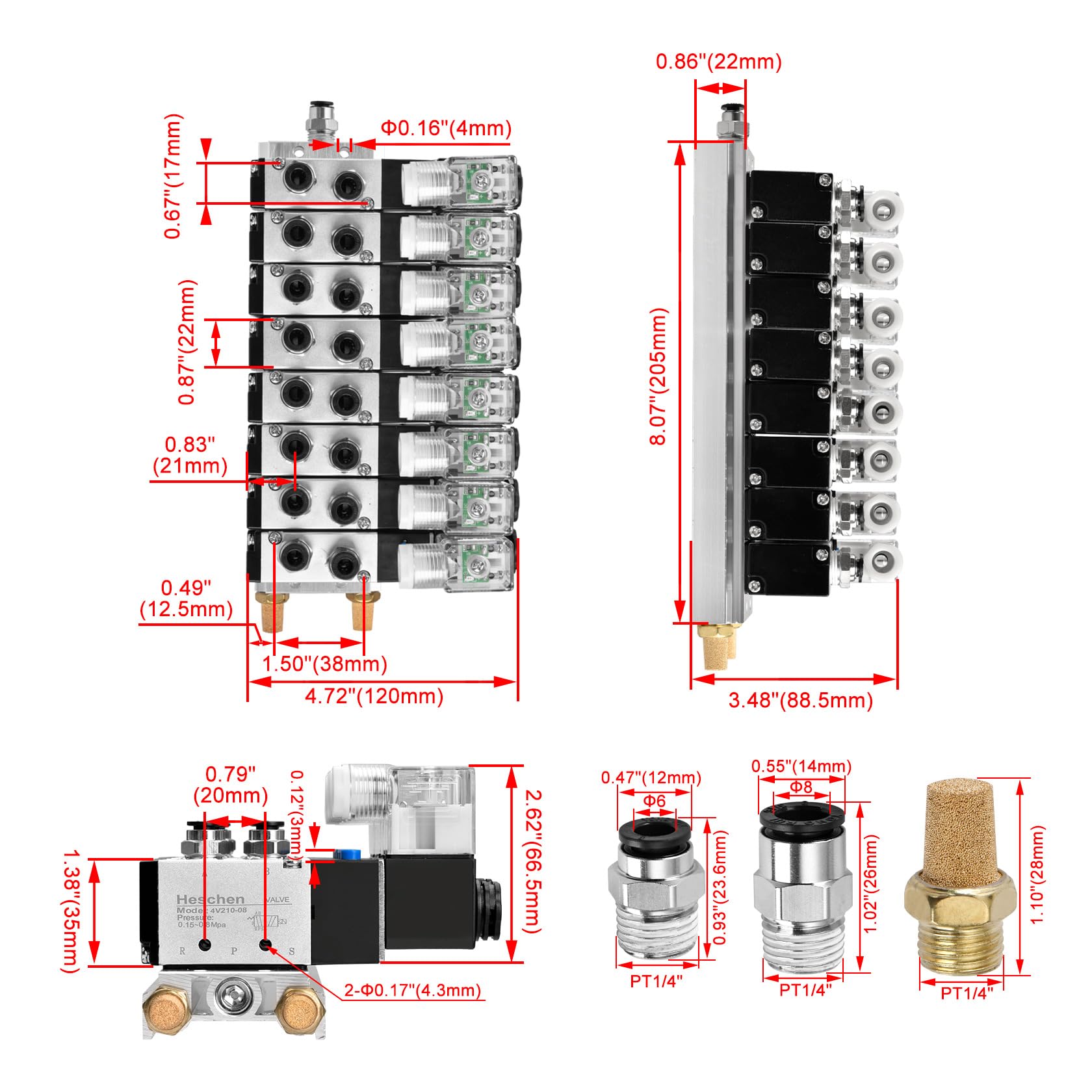 Heschen Válvula solenoide integrada de 8 espacios 4V210-08, DC24V, PT1/4 pulgadas, 5 posiciones 2 posiciones, con silenciador de base, juego de accesorios rápidos