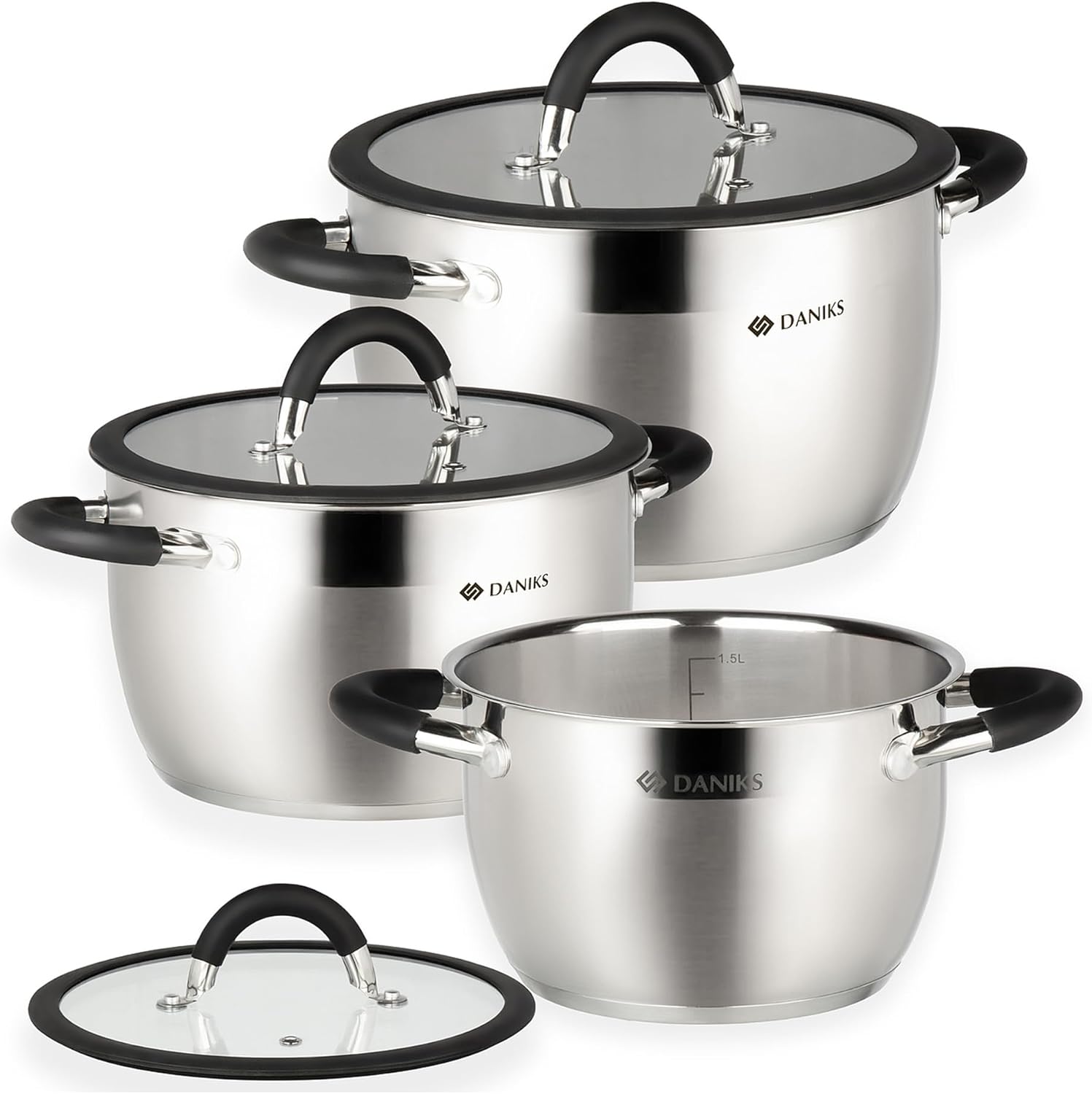 Daniks Orlando 6-Piece Stainless Steel Induction Cookware Set – Dishwasher Safe Pots with Heatproof Handles, Glass Lids, Measuring Scale, Silver Silver 6-Piece Set
