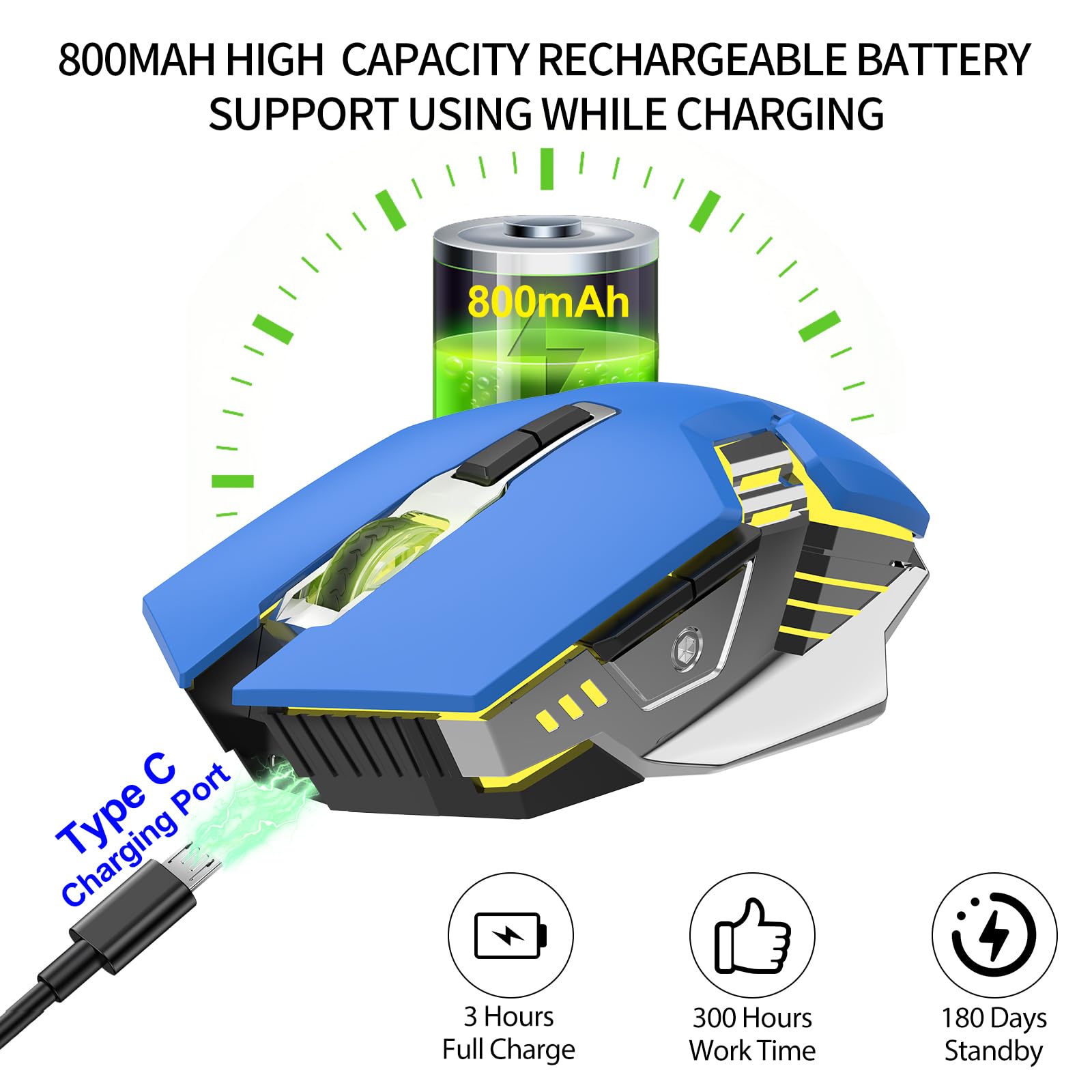 Mouse wireless da gioco, Bluetooth, silenzioso, multi dispositivo, 2400 DPI, retroilluminazione RGB, 800 mAh, ricaricabile, per computer portatile, PC, Mac, MacBook Air/Pro, iPad, Chromebook, giochi