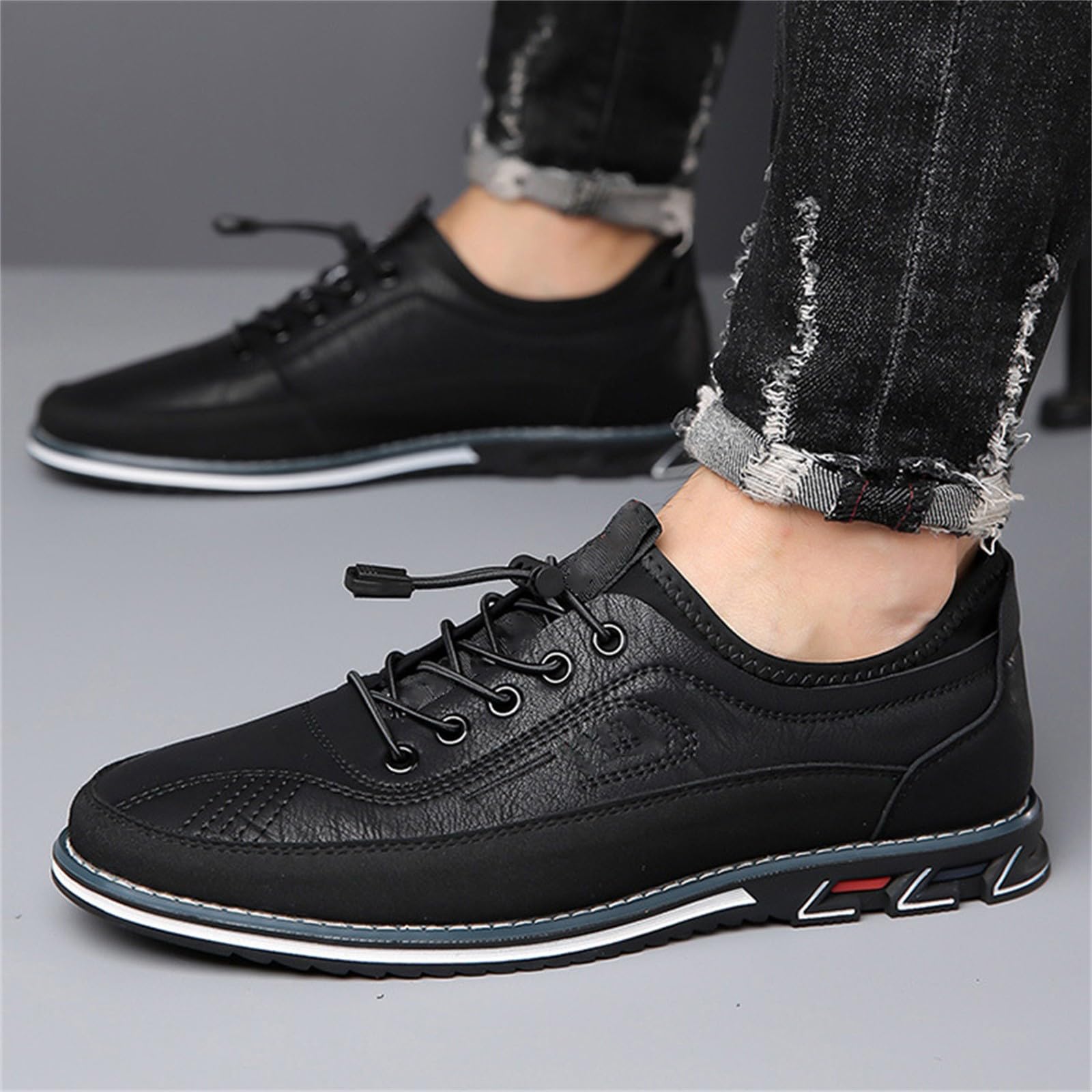 Scarpe da uomo in pelle casual con lacci elastici a chiusura rapida, Nero