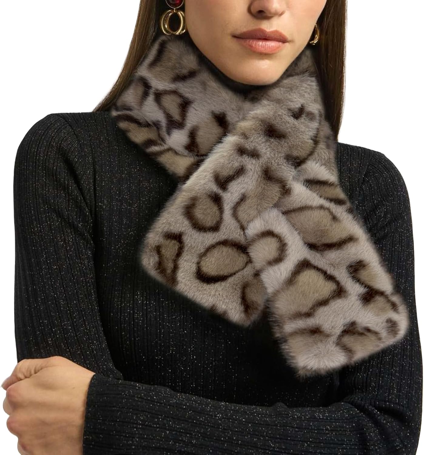 Womens Fur Collar Scarf Leopard Print Faux Fur Scarves for Women, Neck Shrug for Spring Fall Winter