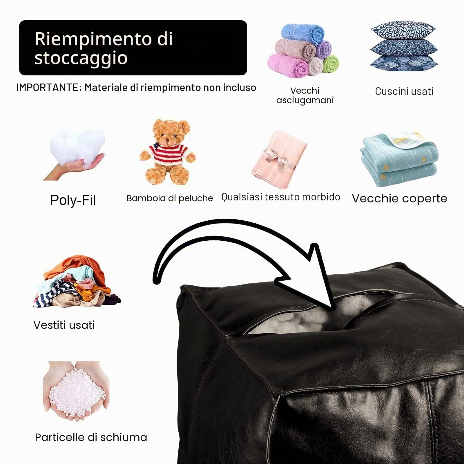 Louis Donné Pouf per pouf non imbottito, 17,7", quadrato, pouf ottomano, per soluzioni di stoccaggio, poggiapiedi in pelle impermeabile, per poggiapiedi (nero)