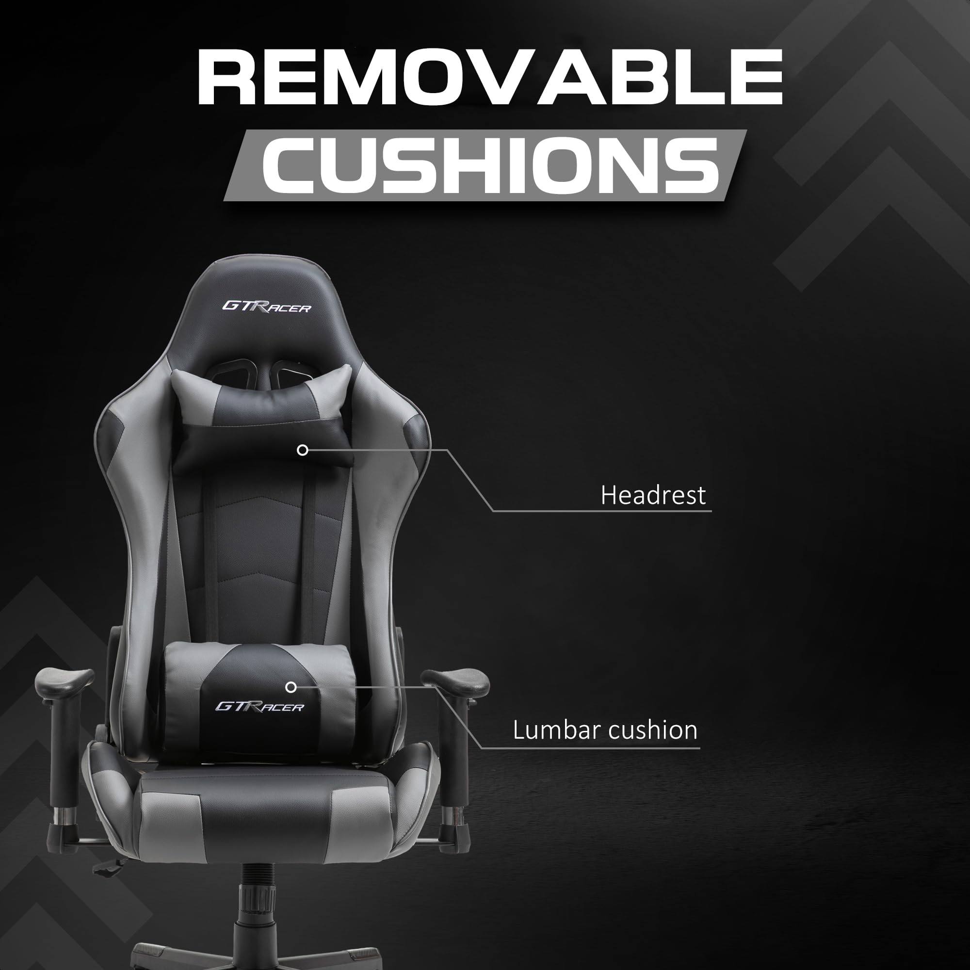 GTRACER Pro Gaming - Silla de oficina ergonómica con reposabrazos ajustables, piel sintética, incluye cojín lumbar y almohada (negro y gris)