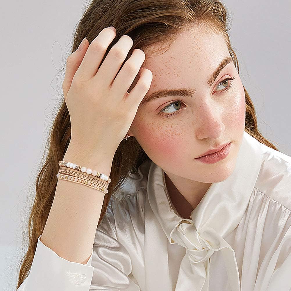 Leather Wrap Bracelet Set 3Pack Wrist Cuff Bracelet for Women Multilayer Magnetic Clasp Bracelet Feather Tree Bead Crystal Bracelet