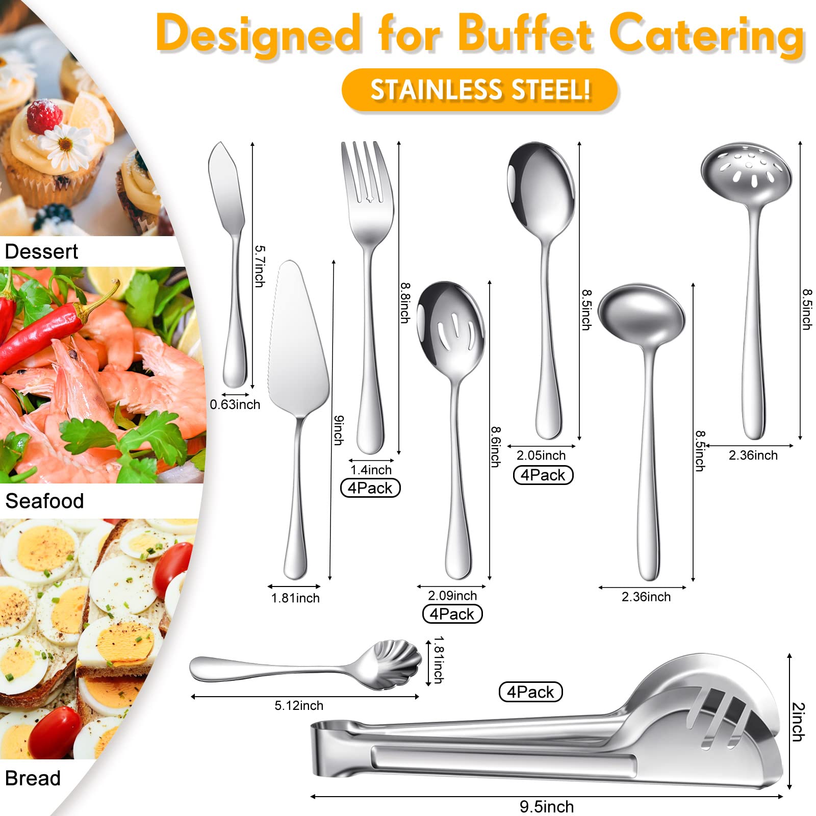 Gli utensili da portata includono grandi cucchiai da portata scanalati, forchette, pinze da servizio, mestolo e server per torte a buffet, utensili per servire in lavastoviglie (argento, 21 pezzi)