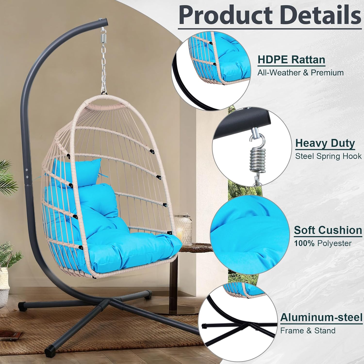 Hanging Egg Chair with Stand, HDPE Rattan and Heavy Duty Aluminum-Steel Frame, Outdoor Patio Wicker Foldable Swing Egg Chair with UV-Resistant Cushioned, 350LBS Capacity (Blue)