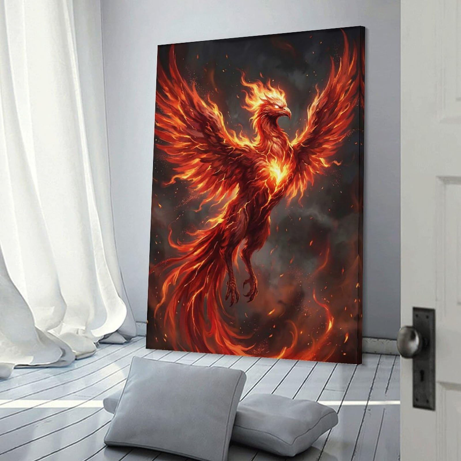 Junmoney Fiery Phoenix in Flight Canvas Wall Decor, 24x36inch(60x90cm), for Bedroom, Guest Room Or Reading Nook, Canvas Wall Decor for Personal Spaces