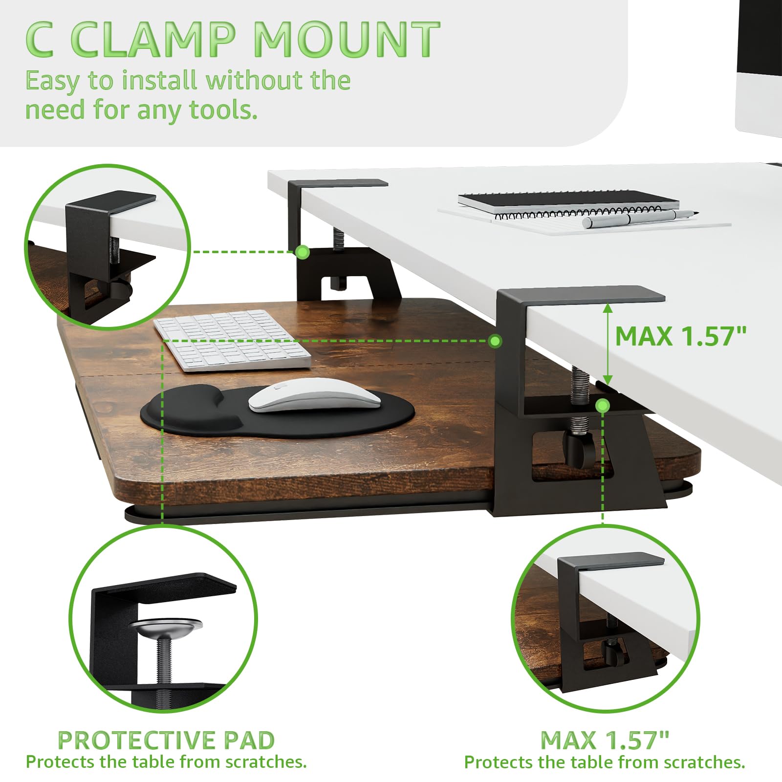 CALASK Desktop Keyboard Tray, Under Desk Pull Out, 26.77" X 11.81" Large Size Keyboard Tray with C-Clip Mount, Easy Installation, Computer Keyboard Stand, for Home Study and Office