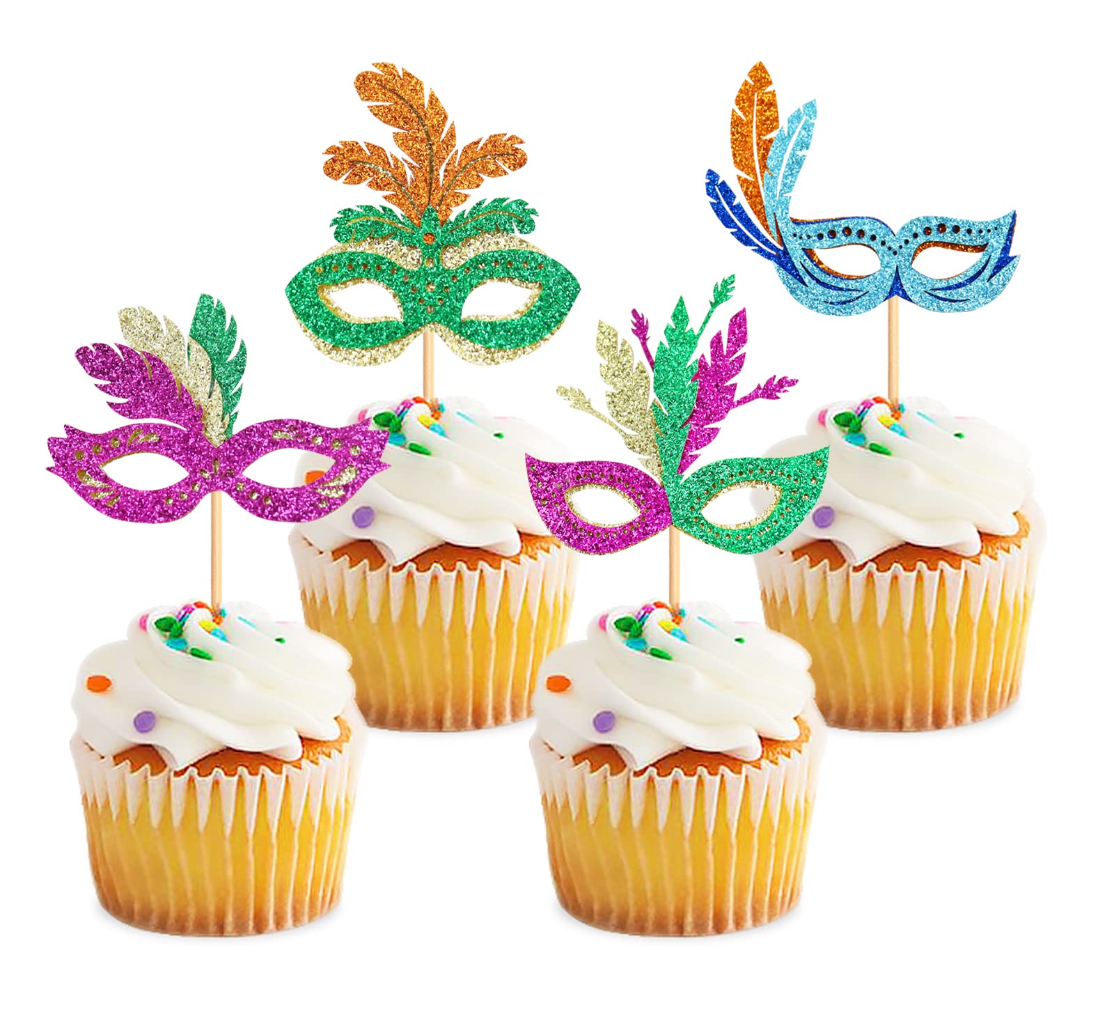 24 Stück Masken-Cupcake-Topper – Glitzernd, Für Mottopartys & Geburtstage, Bunt