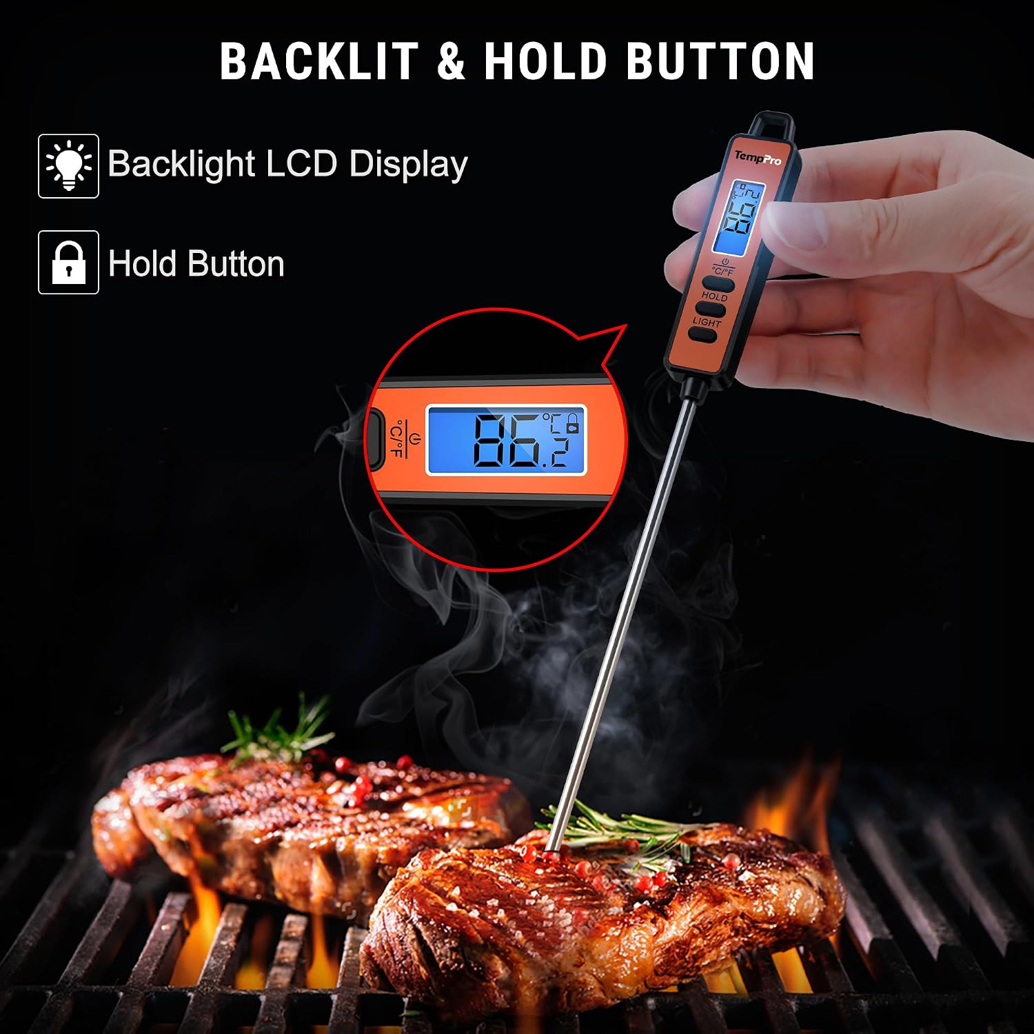 Image showing the backlit LCD display and hold button on the TempPro TP01S thermometer.