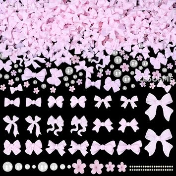 450 Pcs Bows Nail Art Charms, 3D Bowknot Charms for Nails Flowers, 2-5 mm Half Round Pearls Nail Charms Bows for Nail Jewels Design DIY SuppliesPink