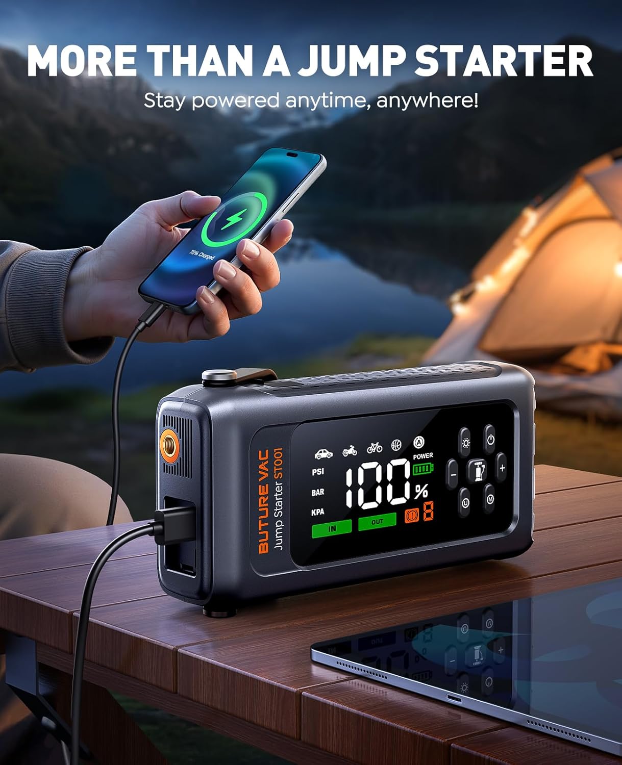 Image showing the BuTure VAC ST001 jump starter connected via USB-C cable to a smartphone, indicating its function as a portable power bank.