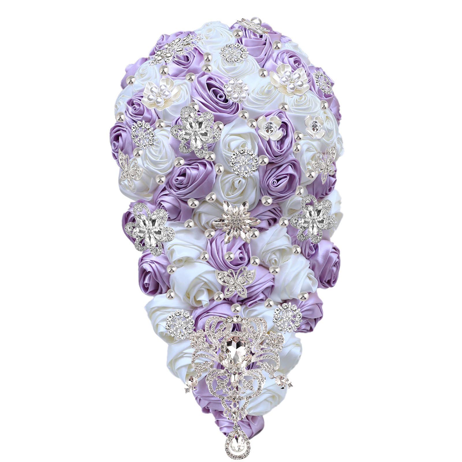 Piceioep Luxury Cascading Bridal Bouquet Waterfall Bouquet with Golden Rhinestones Wedding Essential Luxury