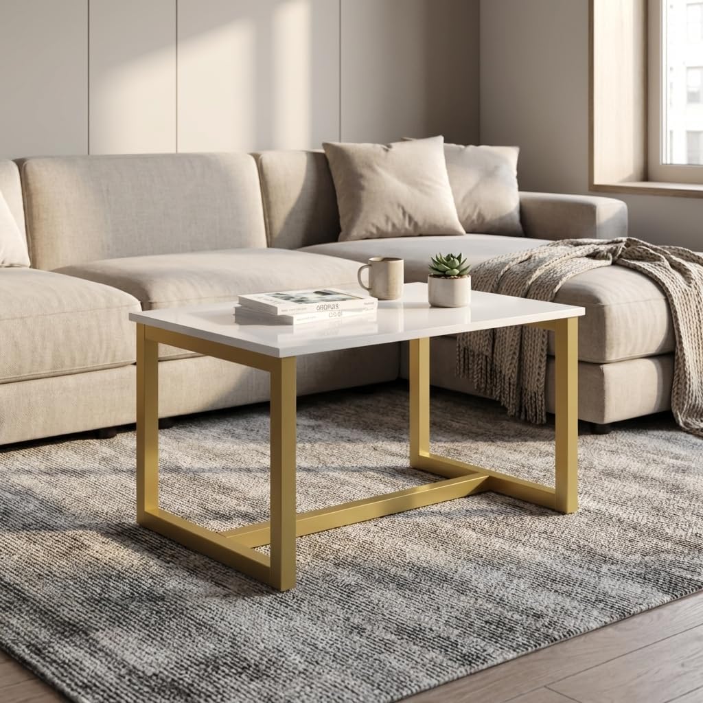 Meble Furniture Duza Coffee Table 31" — Modern Rectangular High Gloss Finish — Durable Engineered Wood, 31 x 15.7 x 15.7 inches — White/Gold
