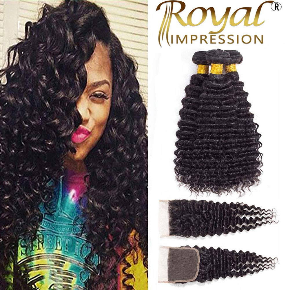 12A Brazilian Virgin Deep Wave Hair 3 Bundles with Closure (22 24 26+20"Closure) 100% Unprocessed Virgin Brazilian Pineapple Wave Bundles Natural Color