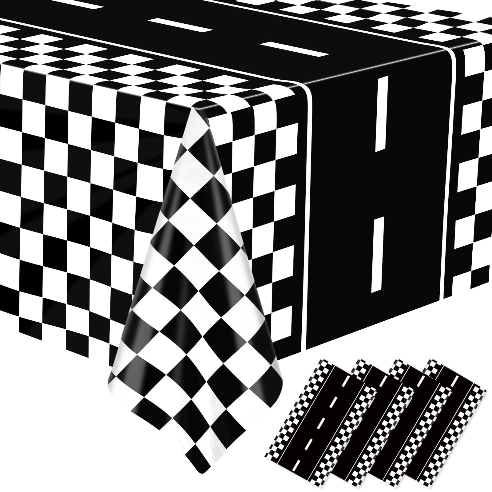 WNINK 4 Pack Race Car Table Cloth Black and White Gingham Tablecloths Disposable Plastic Buffalo Check Tablecloth Checkered Flag Covers for Birthday, Outdoor Picnic, Birthday, Camping 54 × 108 Inch