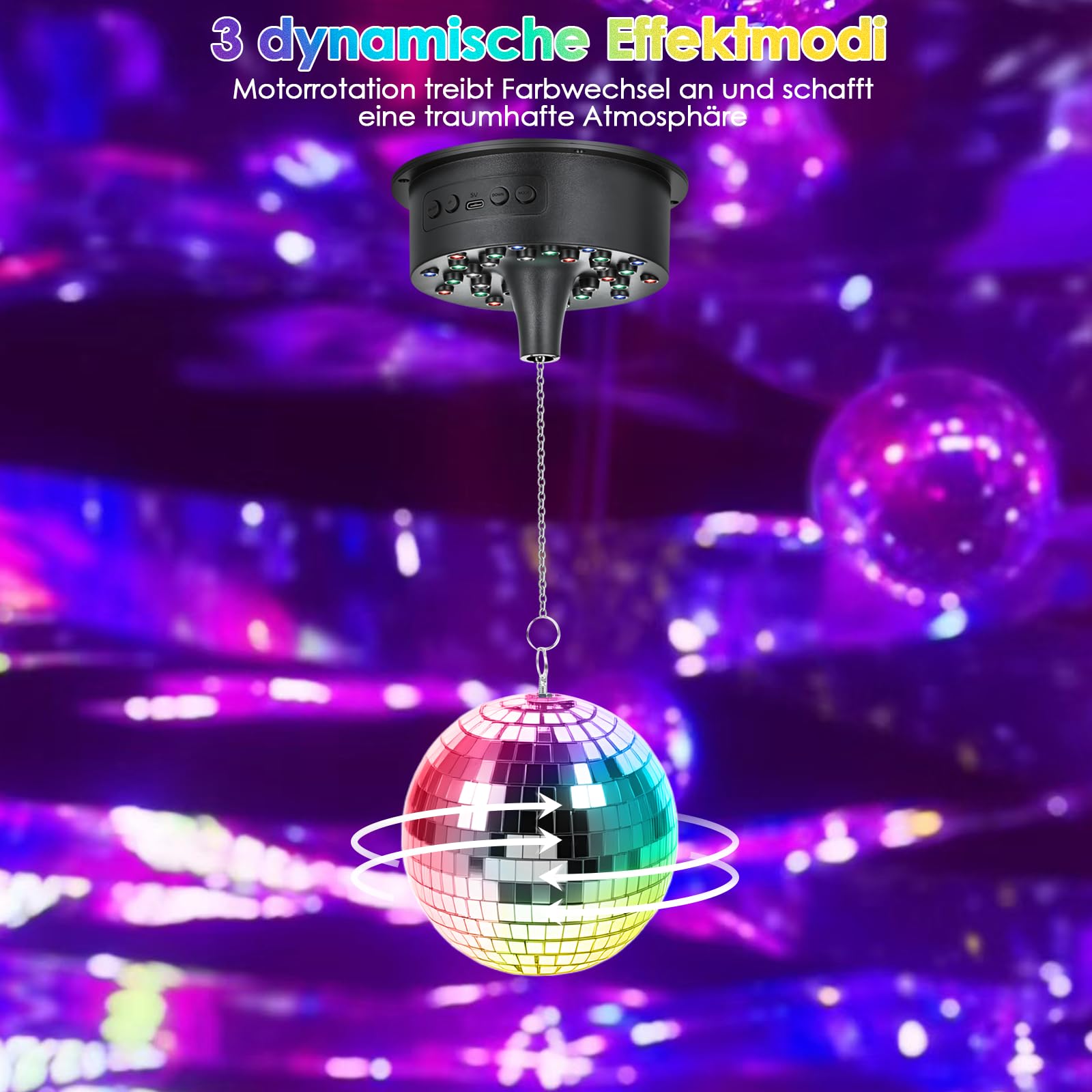 Tomshine Discokugel mit Motor und Licht 18cm - Rotierende Spiegelkugel Set mit 30 RGB LEDs, 6 Geschwindigkeiten, Fernbedienung & Musiksteuerung, Batterie/USB Disco Licht für Party Kinderzimmer