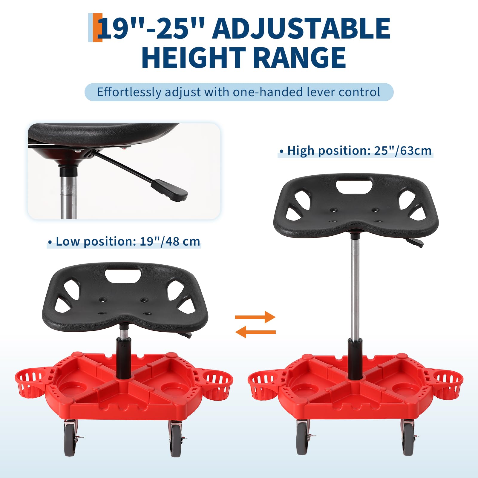 Garvee Höhenverstellbarer Werkstatthocker mit Rollen – Ergonomisch und gepolsterter Sitz, 360° dreh- und feststellbare 10 cm Rollen, abnehmbares Magnet-Werkzeugfach, ideal für Kfz-Reparatur & Garage
