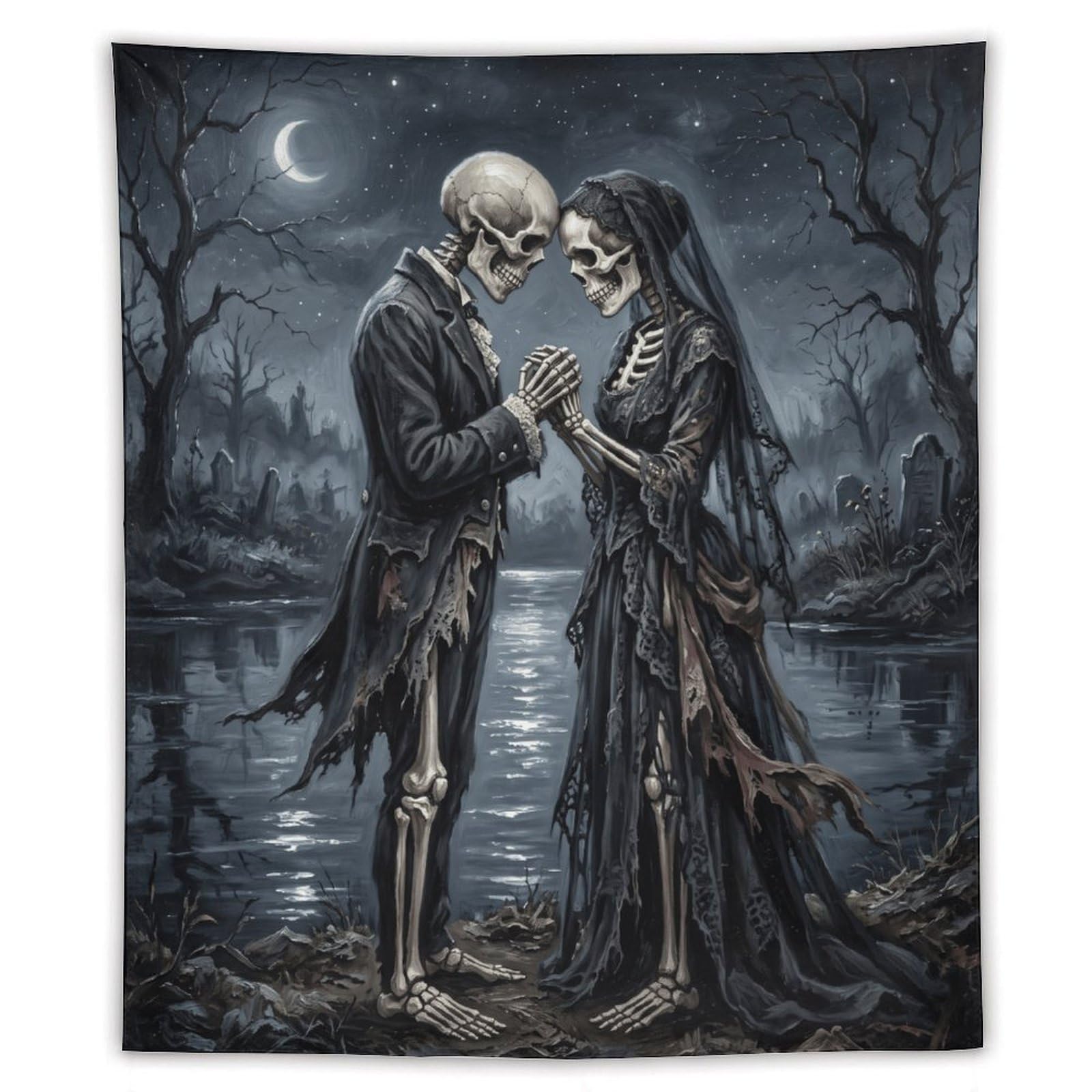 H3B8U2Y5 Moonlit Skeleton Couple Wall Tapestry, Dark Fantasy Illustration