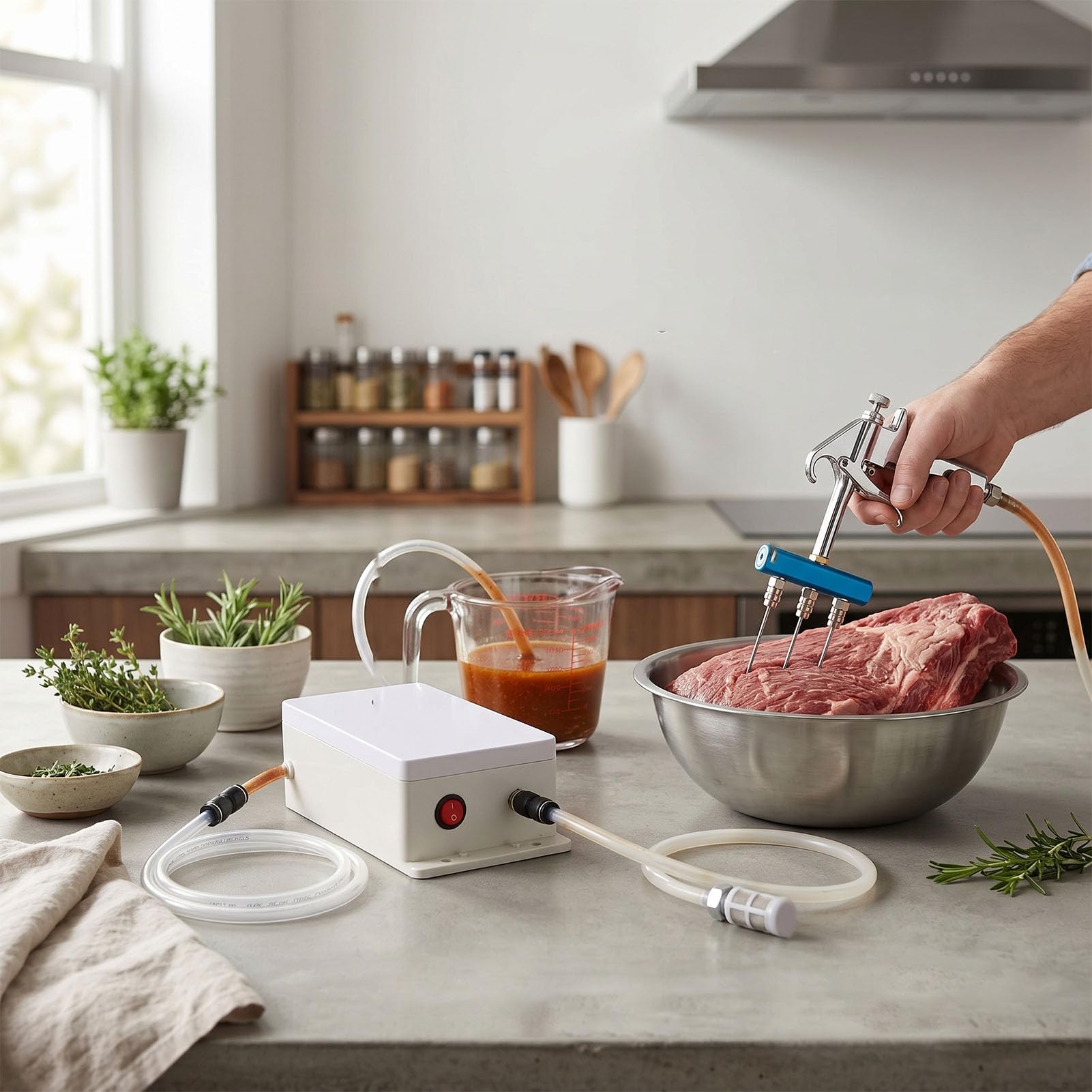Haofy Marinade-Injektor, Elektrische Fleisch-Injektorpumpe mit Schlauch, 10 Nadeln für Smoker, Marinaden, Grill-Injektoren, Braten, Truthahn, Rindfleisch, Grillküche (EU-Stecker)