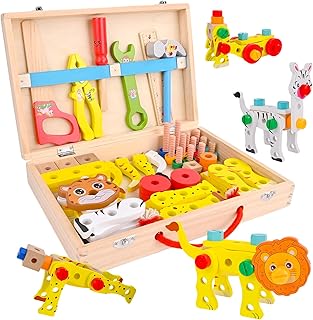 Montessori Children's Toy, DIY Tool Box, Montessori Games, Wooden Toy Tool for Children, Educational Building Game, Jeu de Construction Jeux Educatif, Gift for Children 3, 4, 5 Years, Boy Girl. (A)