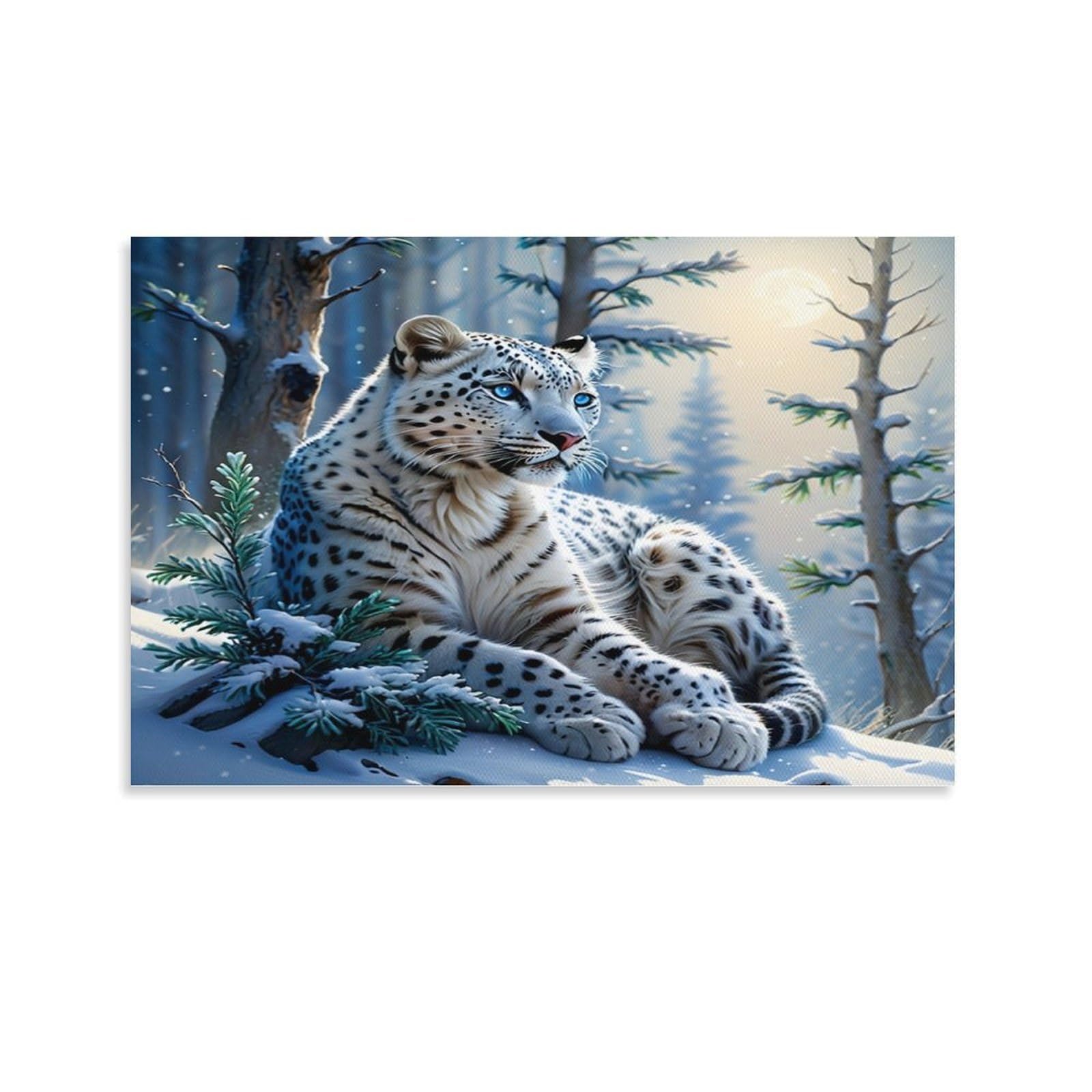 CPLVKWRQJ Snow Leopard in Forest Individual Adult Snow Leopard Resting Snowy Pine Woods Framed Canvas Art - Living Room Focal Point Fade Resistant Gallery Wall Decor 20x30inch(50x75cm)
