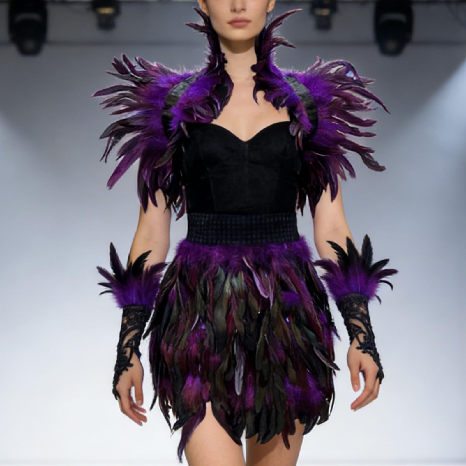 Elegantes gefiedertes Schulterüberzug-Set mit Rock und Handschuhen, modisches Kostümzubehör für Cosplay und Thementreffen, verkleiden sich mit Kragen