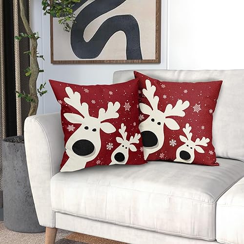 Miniatura 6 de aportt Juego de 2 fundas de almohada de Navidad de ciervos de 16 x 16 pulgadas, diseño de reno rojo con copos de nieve y renos, para decoración del
