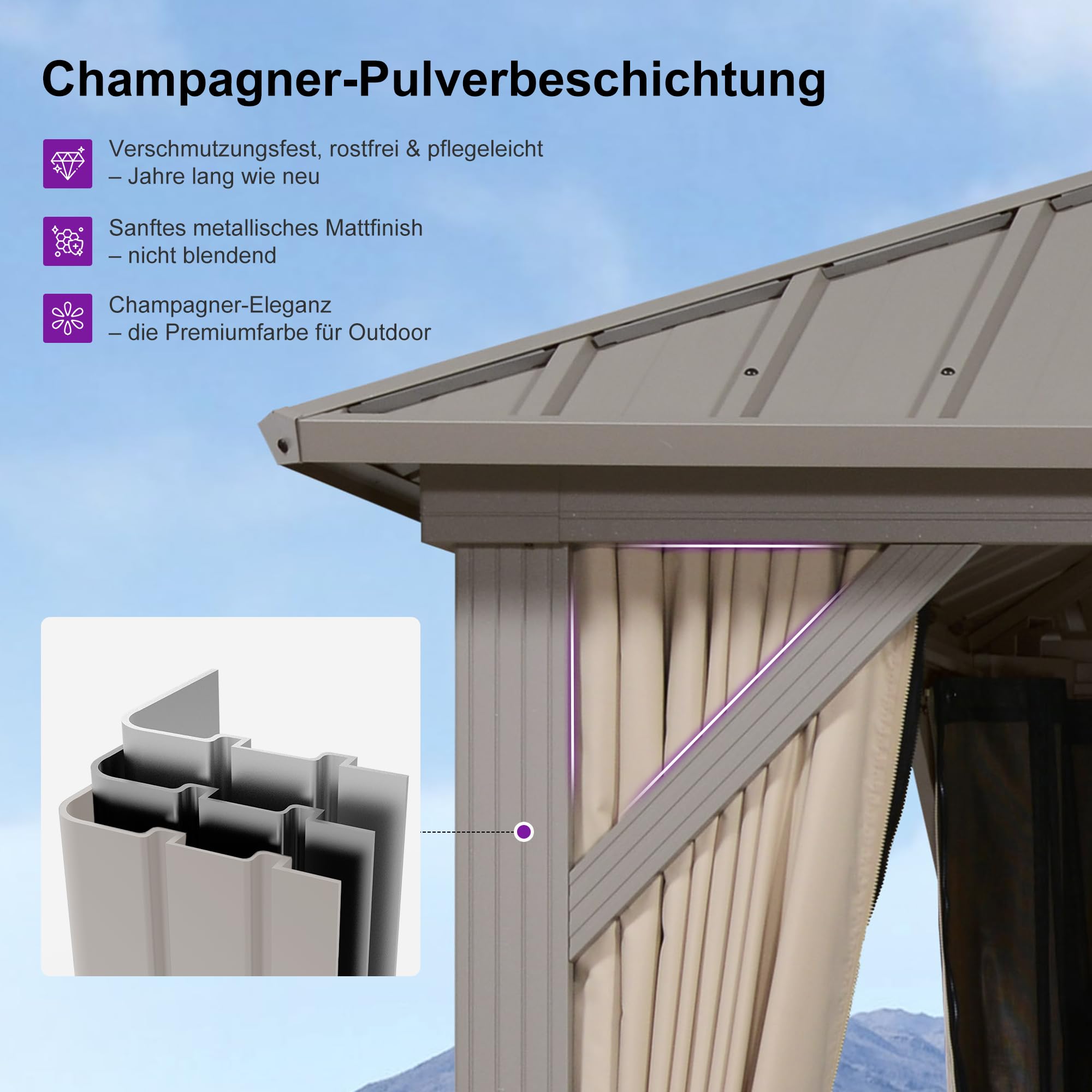 PURPLE LEAF Gartenpavillon 2.4 x 4.25 m mit Stahldach Doppeldach, Pavillon mit Flammhemmende Seitenwänden für Afternoon Tea im Freien im Garten, Champagner