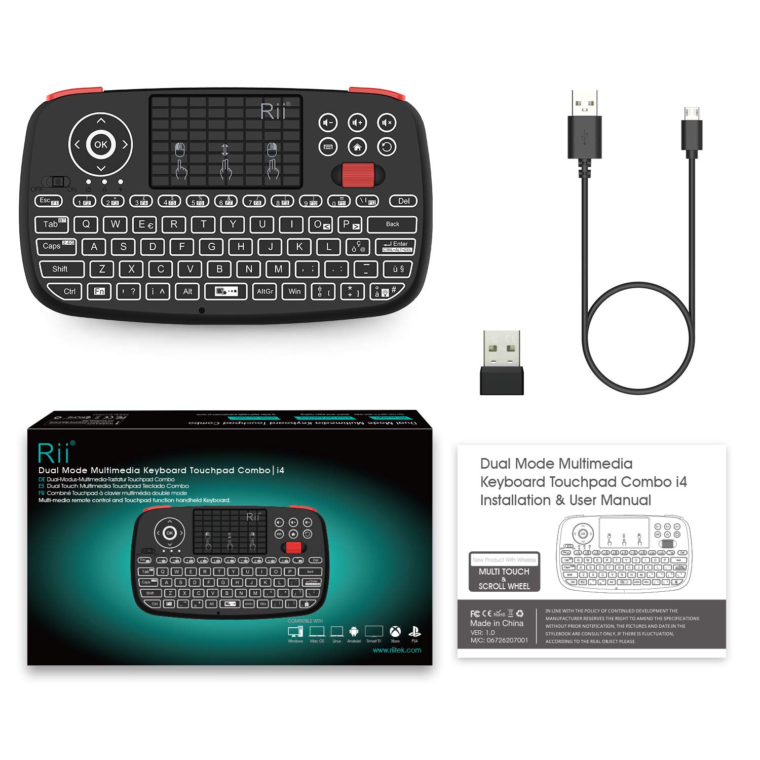 Rii Mini i4 Wireless + Bluetooth (layout ITALIANO) - Mini tastiera retroilluminata con touchpad compatibile con Smart TV, TV Box, Tablet, Smartphone, Console, PC, Fire TV, Raspberry