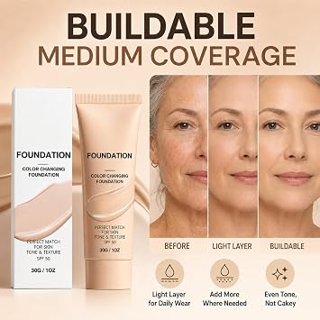 Intelligent Colour Changing Foundation for Mature Skin - 30ml Skin Tone Self Adjusting Colour Change Foundation, Lightweight Buildable Colour Corrector with Hydrating Dewy Finish for Women