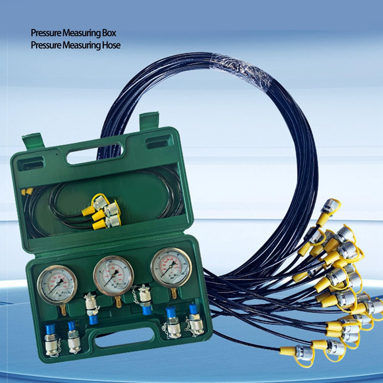 Kit Prova Pressione Idraulica Professionale Portatile con 3 Manometri 6 Raccordi 3 Tubi per Impianti Idraulici Industriali Escavatori Pompe