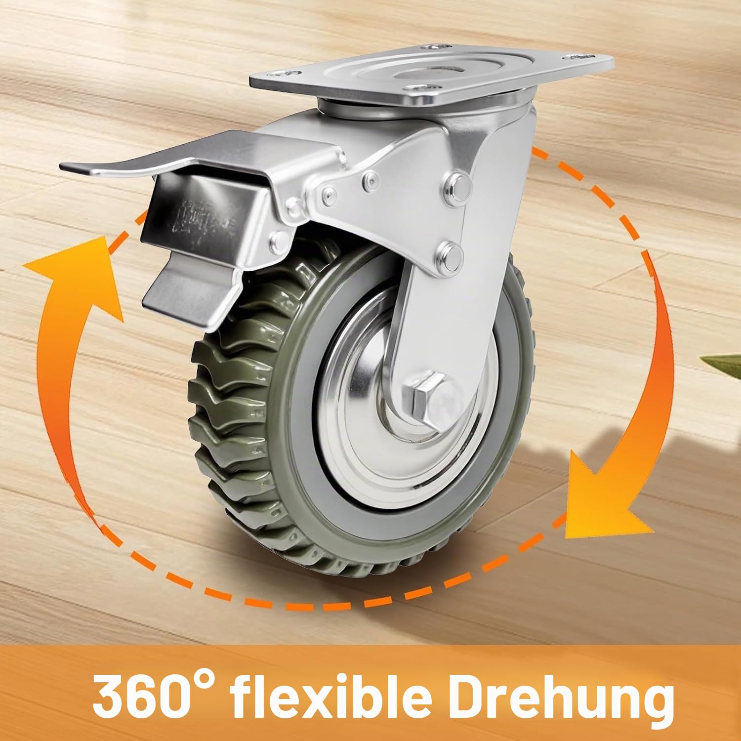 4 Stück 6 Zoll Schwerlastrollen 150mm Lenkrollen mit Bremse, 360°Drehbar Transportrollen Vollgummi Rollen Tragkraft 1000kg, 2 Bremsrollen + 2 Lenkrollen ohne Bremse