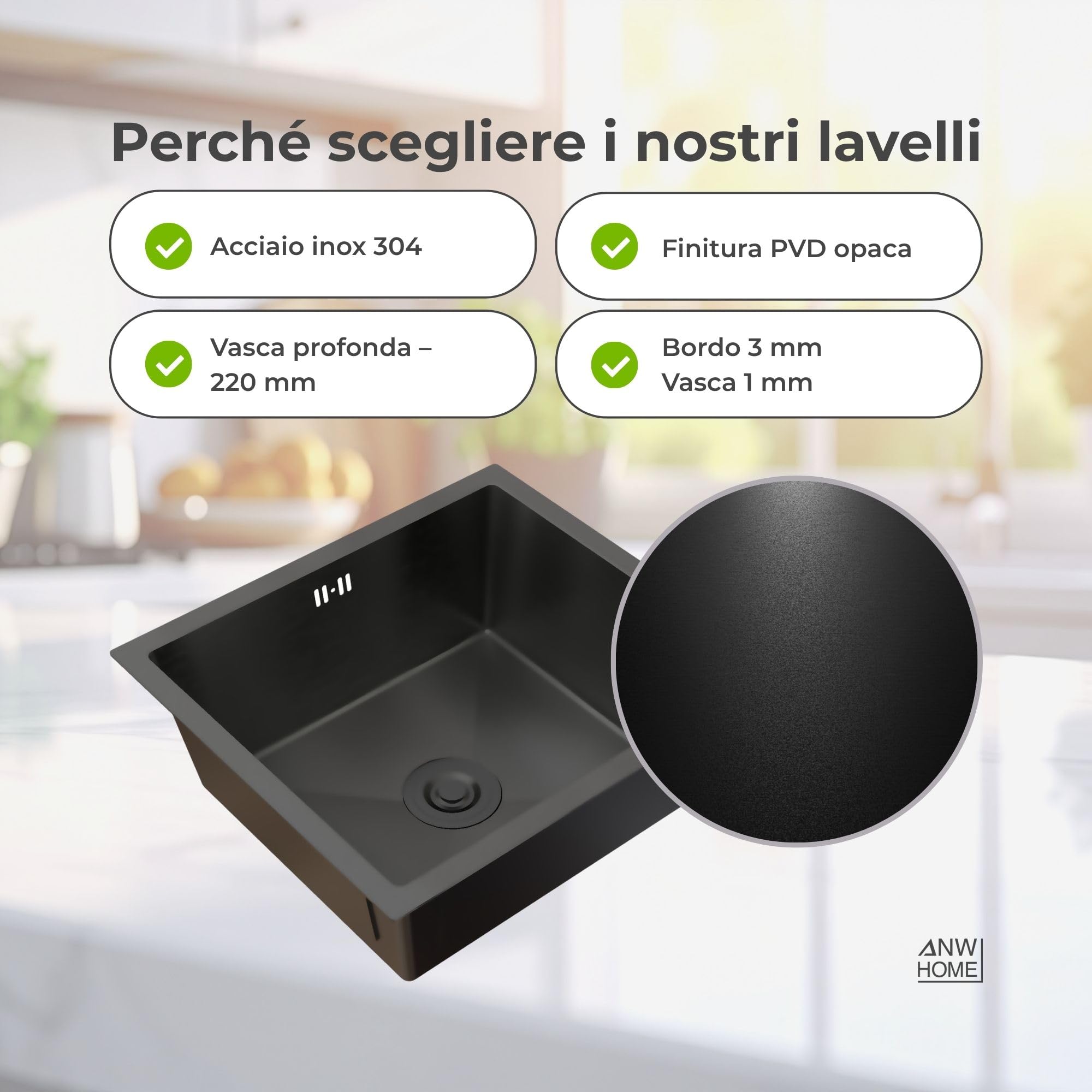 ANW HOME Lavello Cucina 1 Vasca 49x44 cm, Nero | Incasso/Sottotop, Rivestimento Nano, Spessore 3,0/1 mm, Profondità 22 cm, Con Sifone
